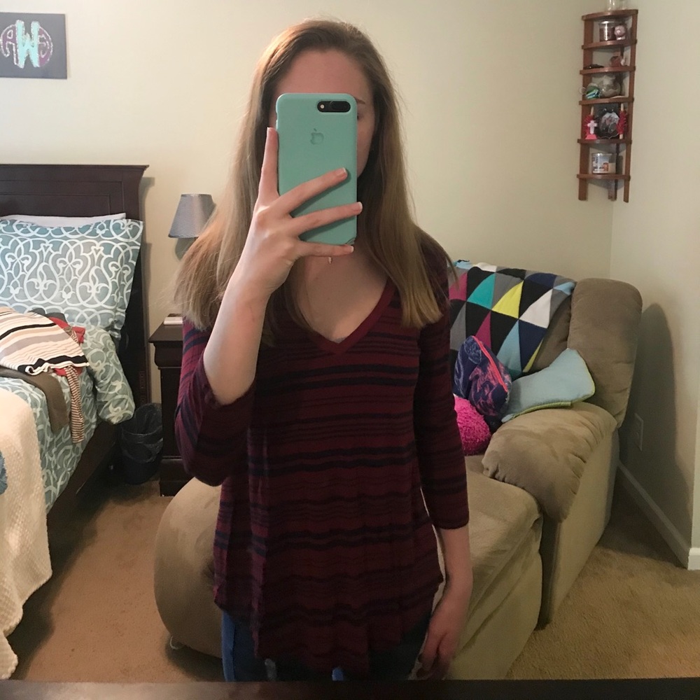Merona Burgundy and Navy Blue Striped Top